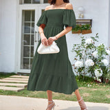 Square Collar Backless Puff Sleeve Pleated Short Sleeves Dress - Nioor