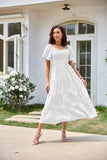 Square Collar Backless Puff Sleeve Pleated Short Sleeves Dress - Nioor