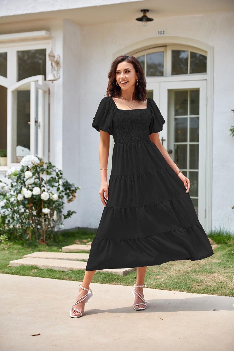 Square Collar Backless Puff Sleeve Pleated Short Sleeves Dress - Nioor