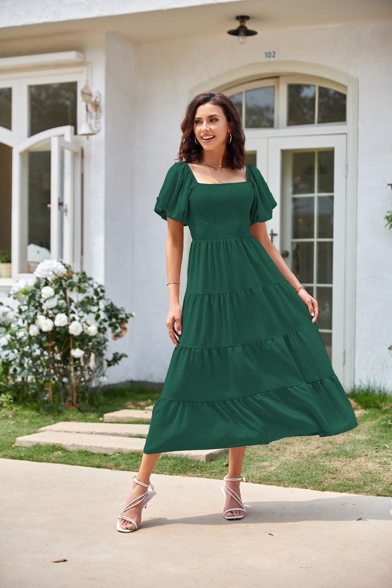 Square Collar Backless Puff Sleeve Pleated Short Sleeves Dress - Nioor