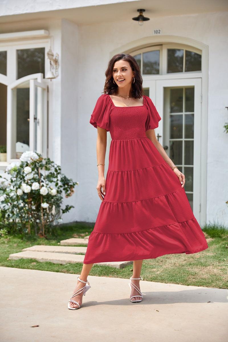 Square Collar Backless Puff Sleeve Pleated Short Sleeves Dress - Nioor