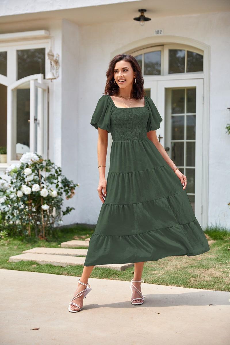 Square Collar Backless Puff Sleeve Pleated Short Sleeves Dress - Nioor