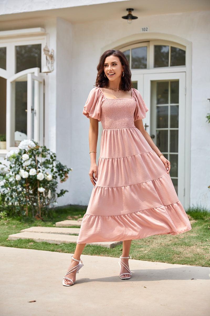 Square Collar Backless Puff Sleeve Pleated Short Sleeves Dress - Nioor