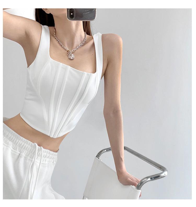 Square Collar Fishbone Waist Girdle Spaghetti-strap Camisole Top - Nioor