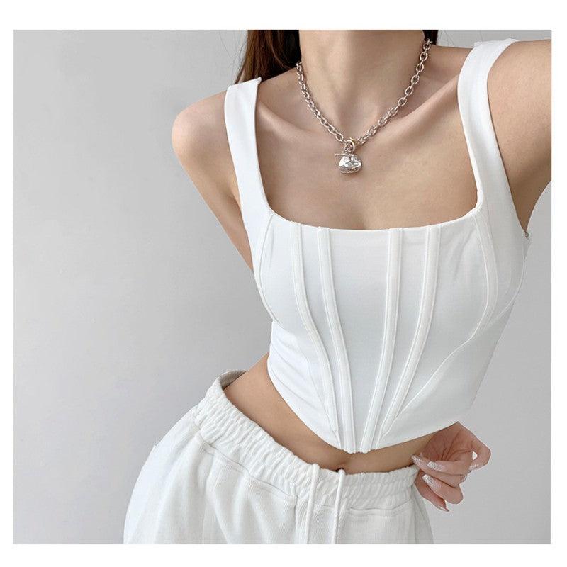 Square Collar Fishbone Waist Girdle Spaghetti-strap Camisole Top - Nioor