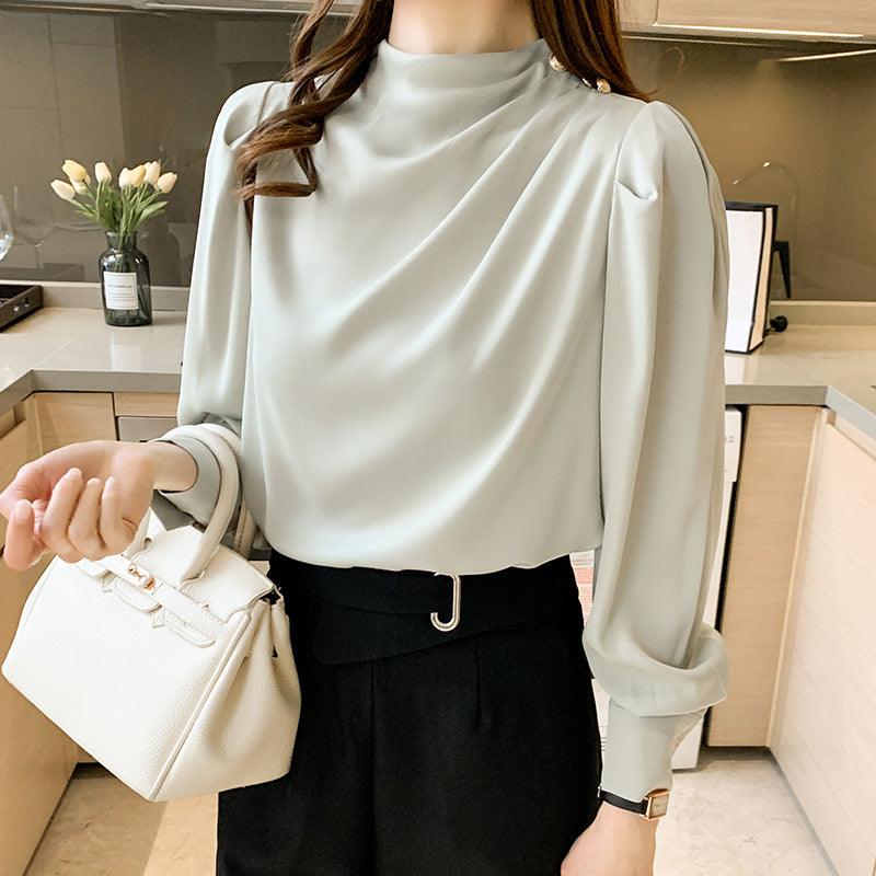 Stand Collar Pleated Lantern Sleeve Long Sleeve Top Loose Women's Shirt - Nioor