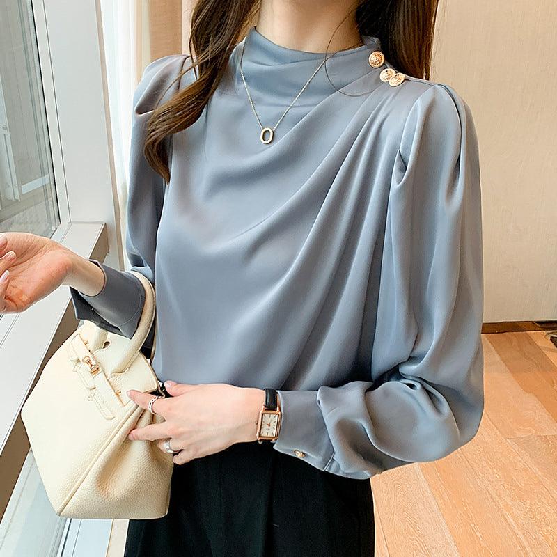 Stand Collar Pleated Lantern Sleeve Long Sleeve Top Loose Women's Shirt - Nioor