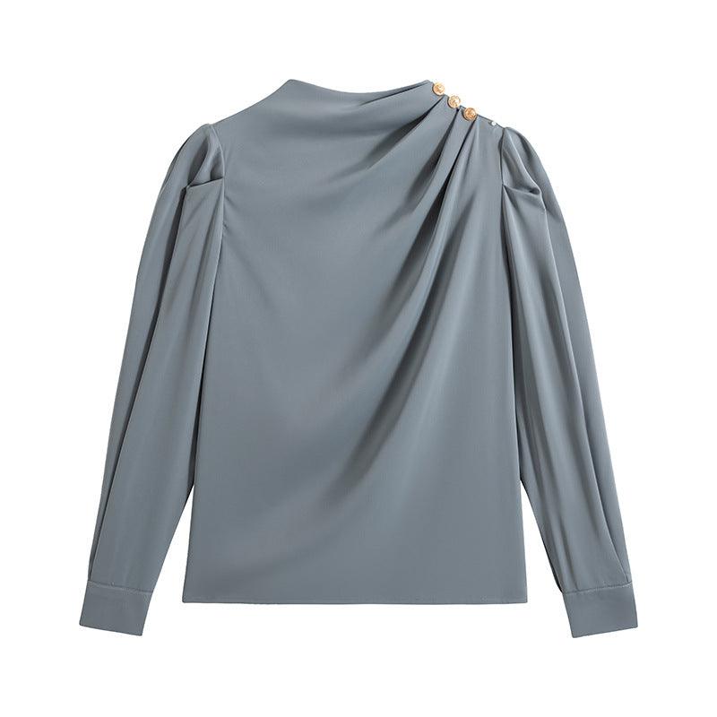 Stand Collar Pleated Lantern Sleeve Long Sleeve Top Loose Women's Shirt - Nioor