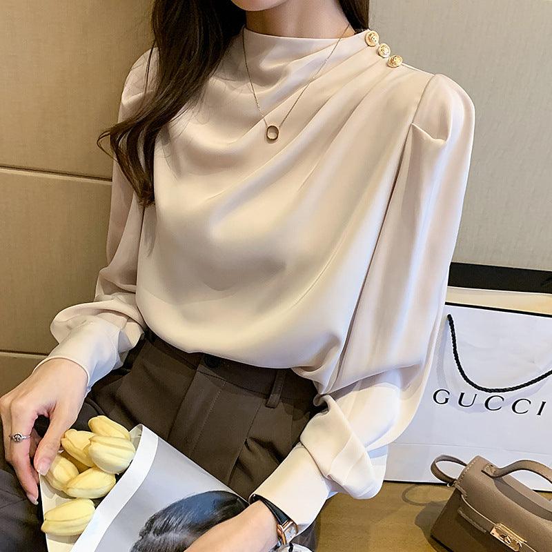 Stand Collar Pleated Lantern Sleeve Long Sleeve Top Loose Women's Shirt - Nioor