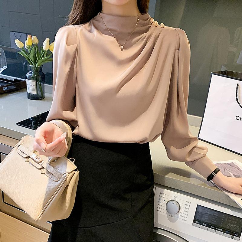 Stand Collar Pleated Lantern Sleeve Long Sleeve Top Loose Women's Shirt - Nioor