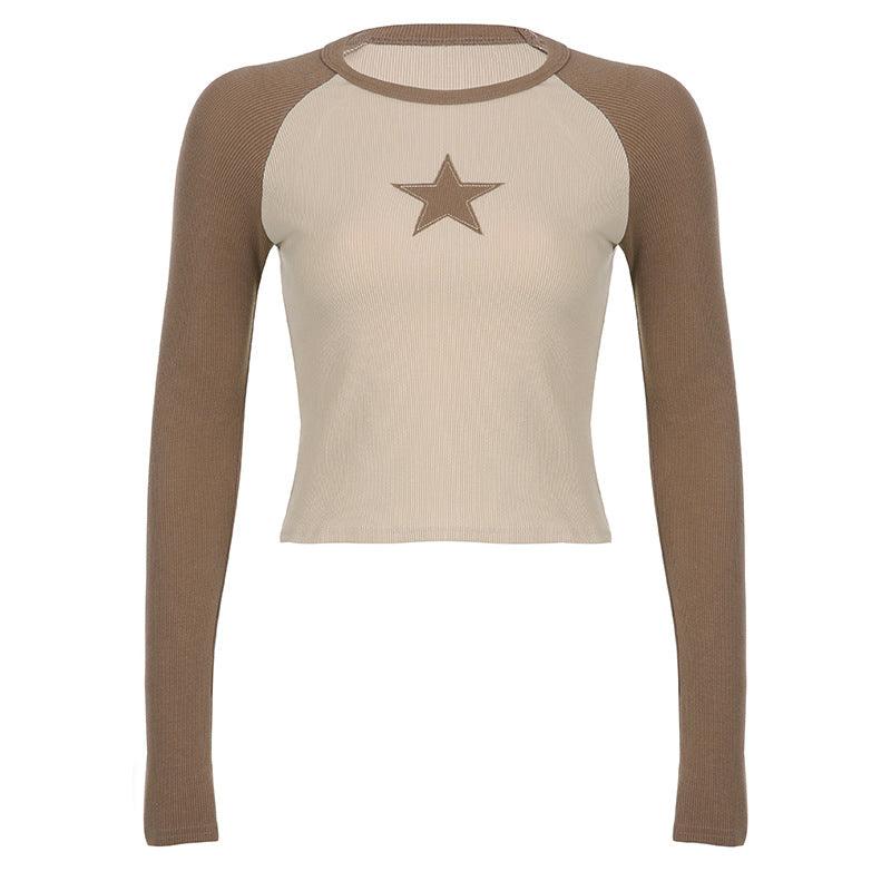 Stars Patchwork Long Sleeve T-shirts Women Slim Tops - Nioor