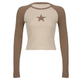 Stars Patchwork Long Sleeve T-shirts Women Slim Tops - Nioor