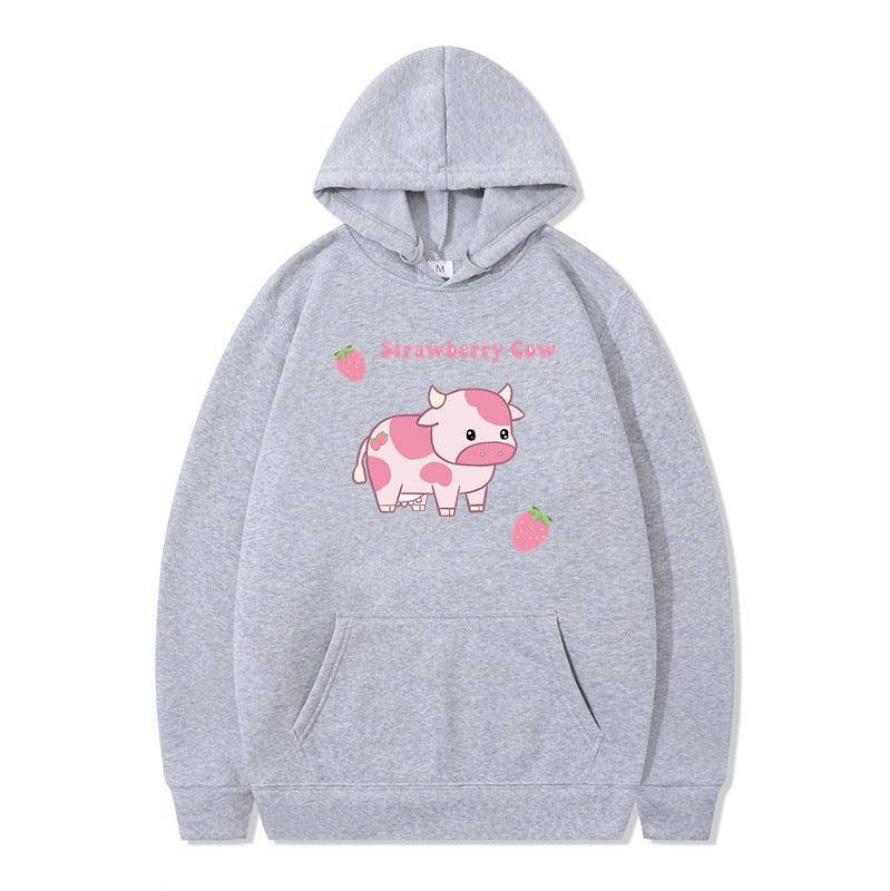 Strawberry Milk Print Long-sleeved Hoodie - Nioor