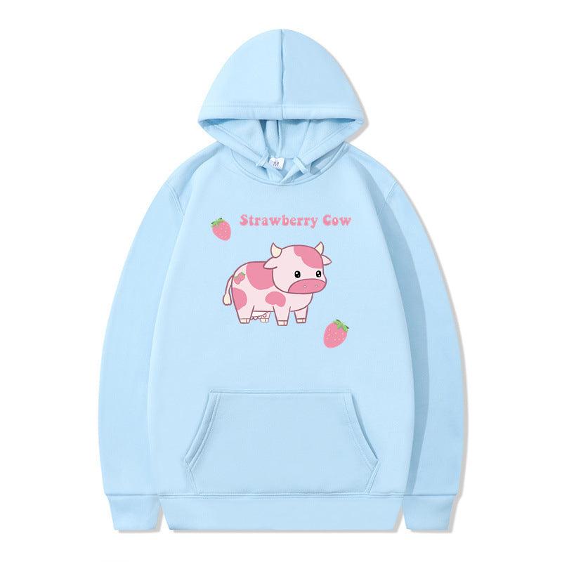 Strawberry Milk Print Long-sleeved Hoodie - Nioor