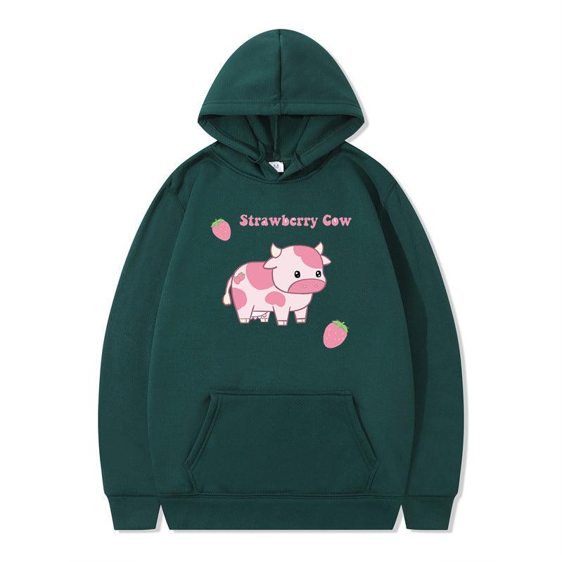 Strawberry Milk Print Long-sleeved Hoodie - Nioor