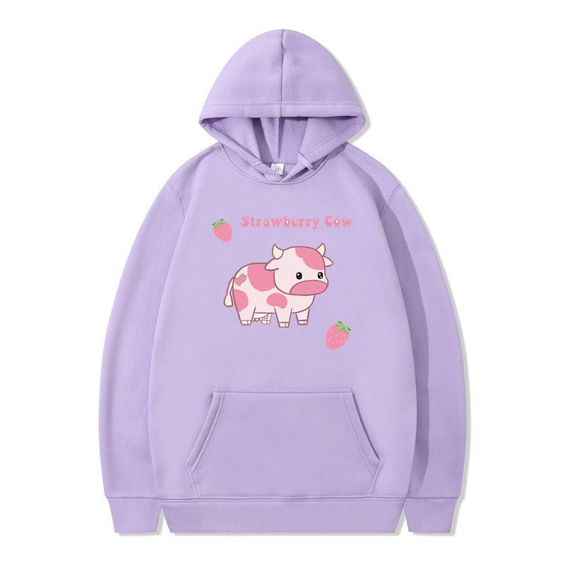 Strawberry Milk Print Long-sleeved Hoodie - Nioor