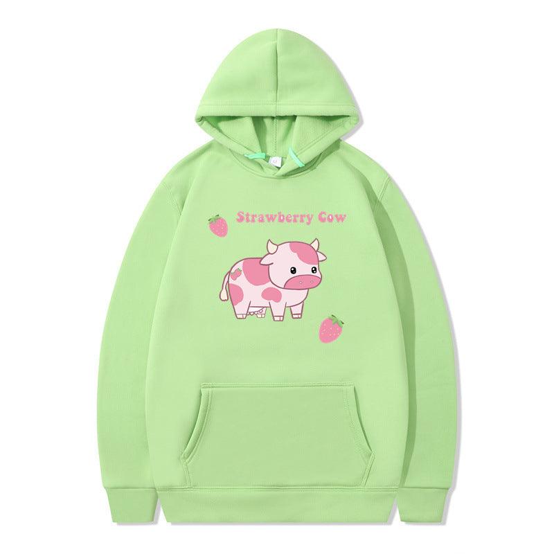 Strawberry Milk Print Long-sleeved Hoodie - Nioor