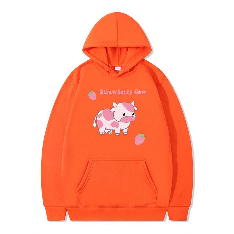 Strawberry Milk Print Long-sleeved Hoodie - Nioor