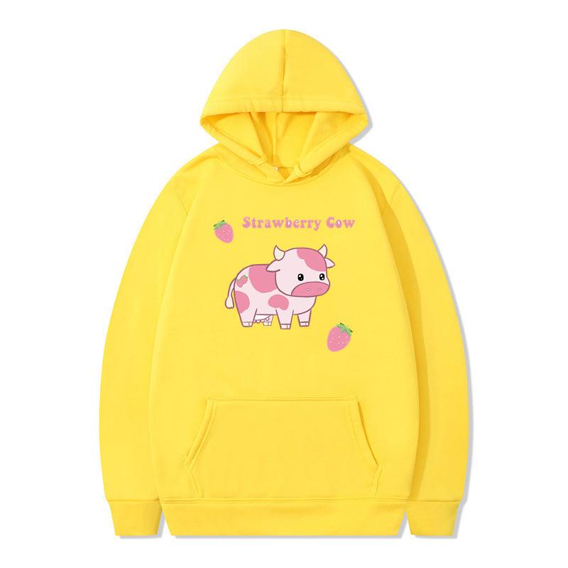 Strawberry Milk Print Long-sleeved Hoodie - Nioor