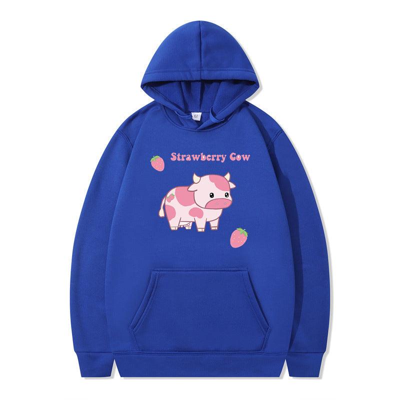 Strawberry Milk Print Long-sleeved Hoodie - Nioor