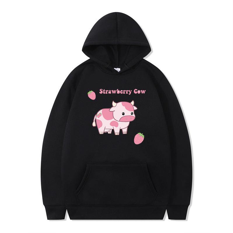 Strawberry Milk Print Long-sleeved Hoodie - Nioor