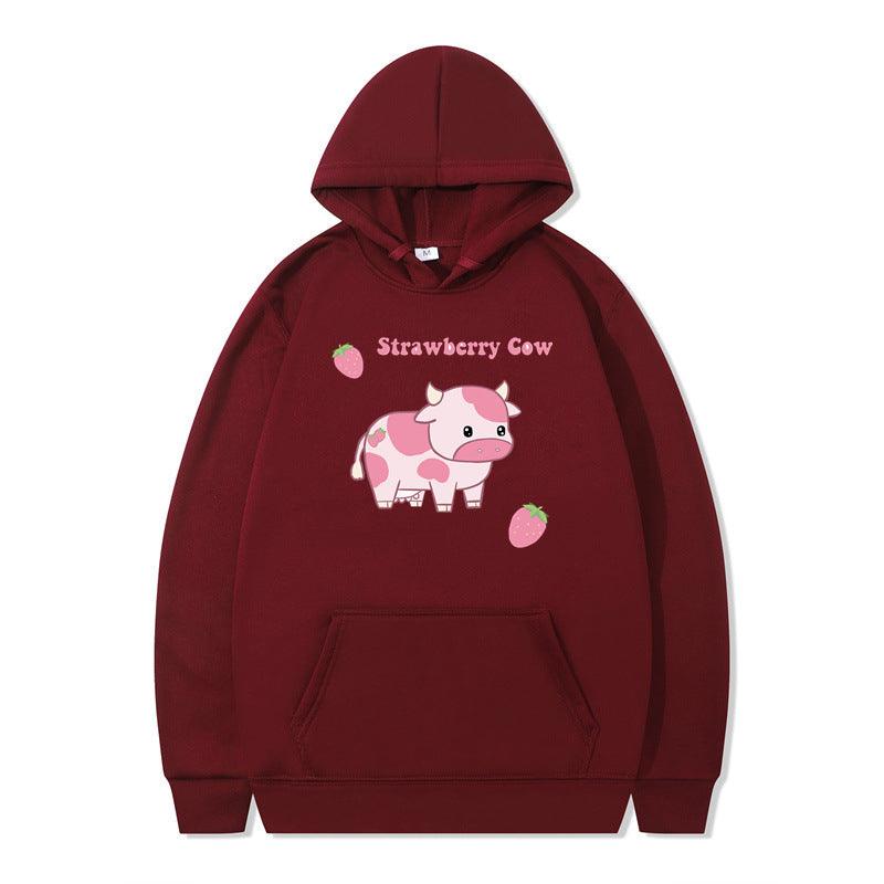 Strawberry Milk Print Long-sleeved Hoodie - Nioor