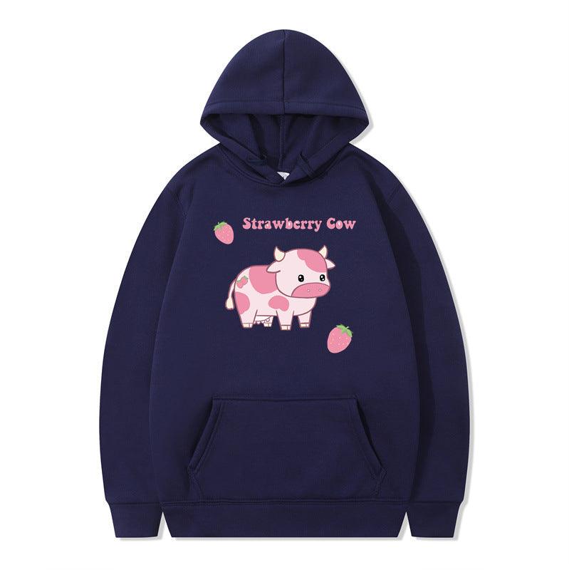 Strawberry Milk Print Long-sleeved Hoodie - Nioor