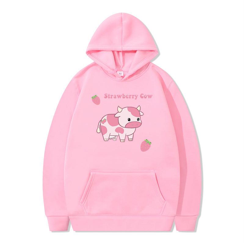 Strawberry Milk Print Long-sleeved Hoodie - Nioor