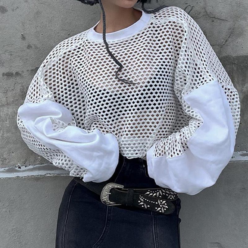 Street Hot Girls Stitching Mesh Blouse Long-sleeved T Shirt Summer New Round Neck Loose See-through Thin Tops - Nioor