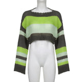 Stripe Color Blocking Hollow Perspective Wool Short Blouse Loose - Nioor