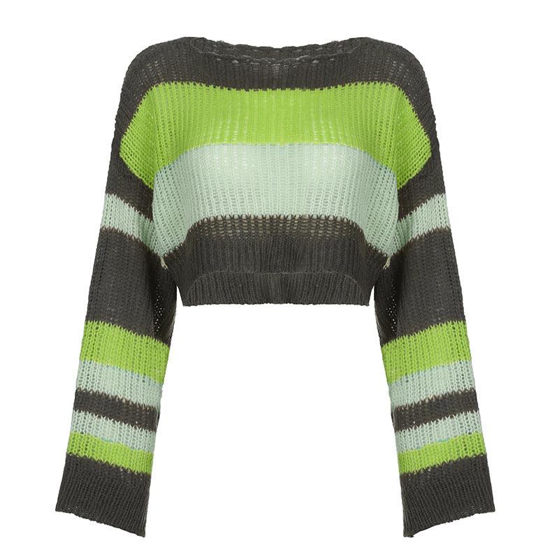 Stripe Color Blocking Hollow Perspective Wool Short Blouse Loose - Nioor