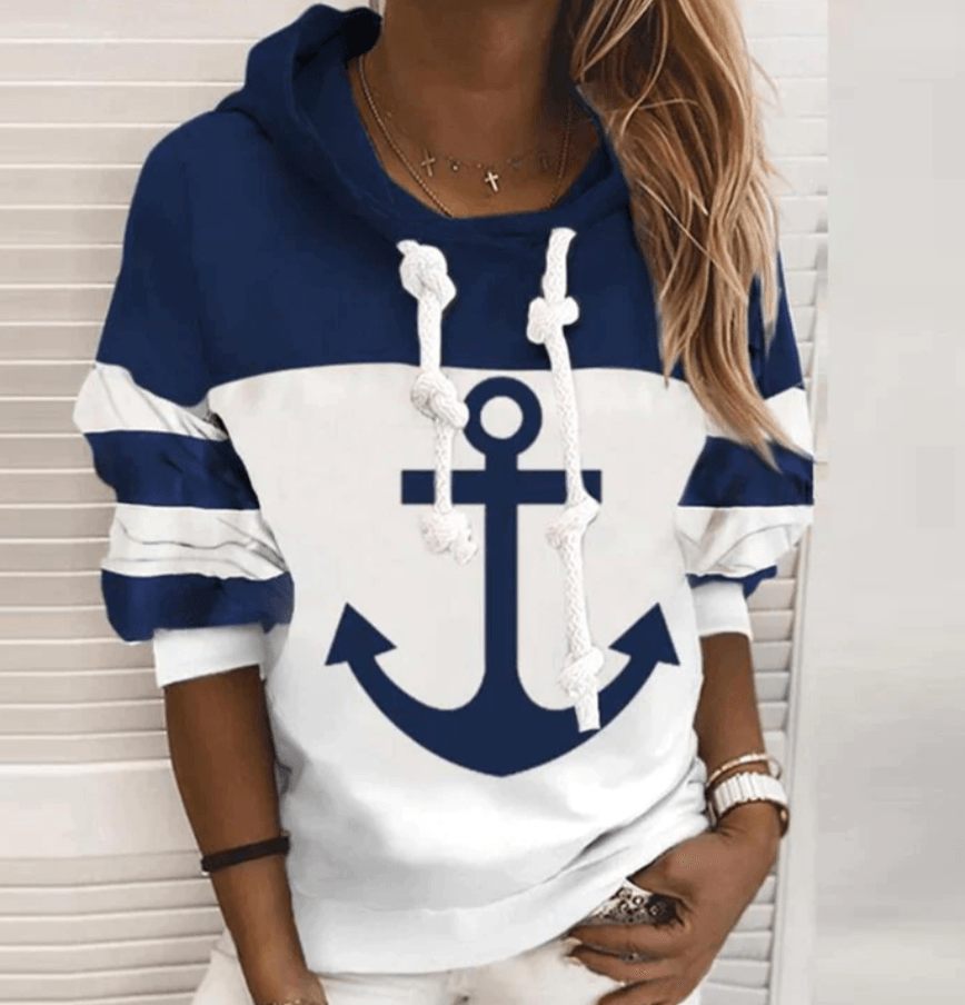 Striped Boat Anchor Printed Hood Women's Outdoor Clothing - Nioor