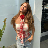 Striped Neck Strap Vest Three Dimensional Rose - Nioor