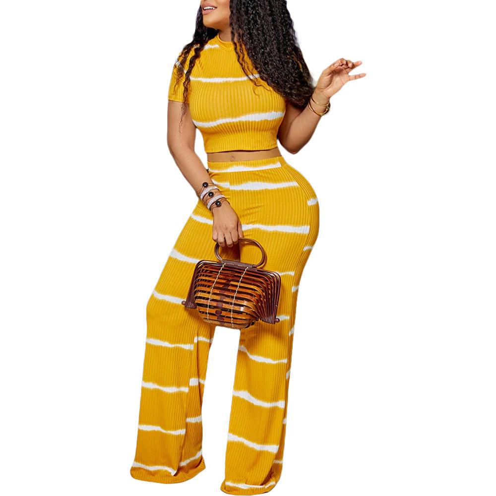 Striped Printed Sunken Stripe Navel Wide Leg Suit - Nioor