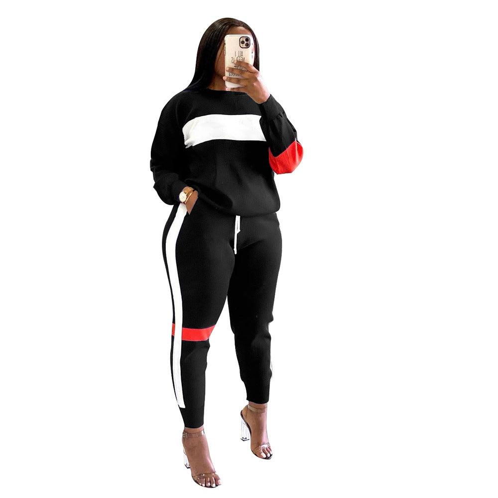 Striped Stitching Long Sleeve Top Suit Exercise Casual Pants Two-piece Suit For Women - Nioor