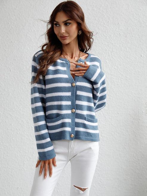 Striped Women's Single-breasted Cardigan Sweater - Nioor