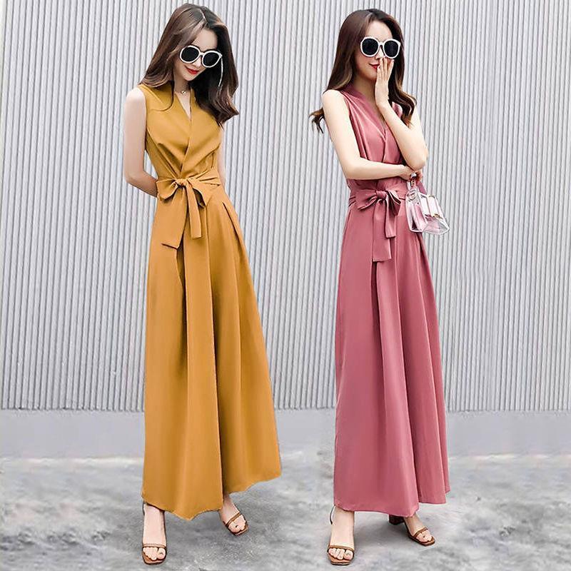 Student Korean Casual V-neck Slim Jumpsuit Wide-leg Pants Suit - Nioor