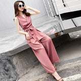 Student Korean Casual V-neck Slim Jumpsuit Wide-leg Pants Suit - Nioor