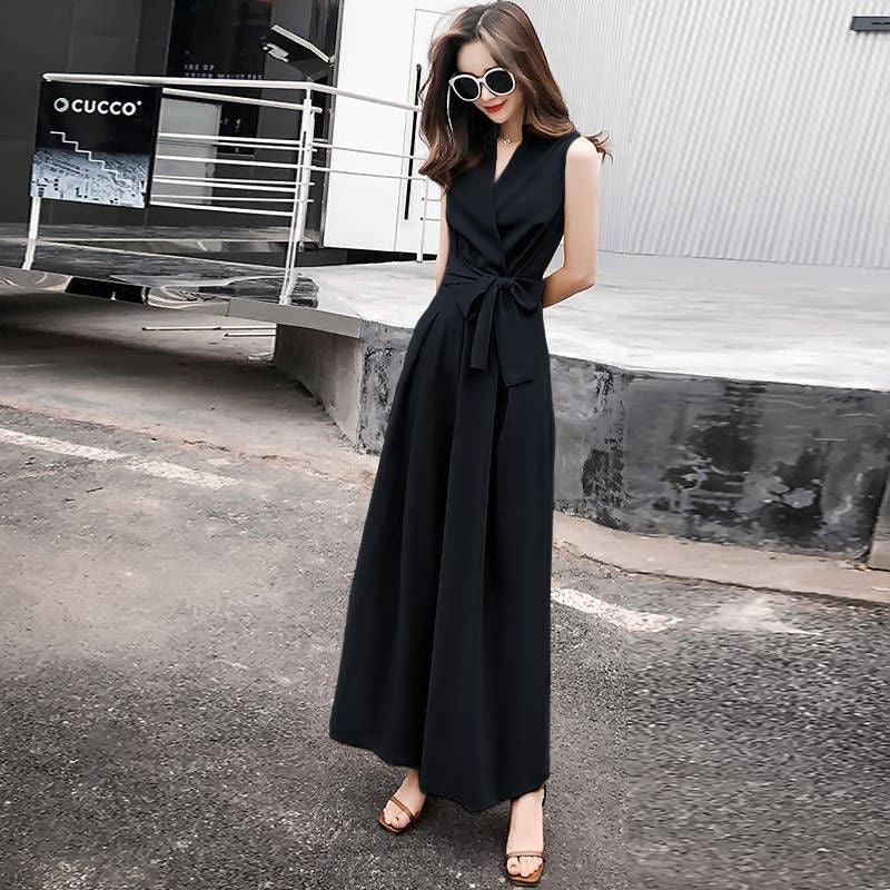 Student Korean Casual V-neck Slim Jumpsuit Wide-leg Pants Suit - Nioor