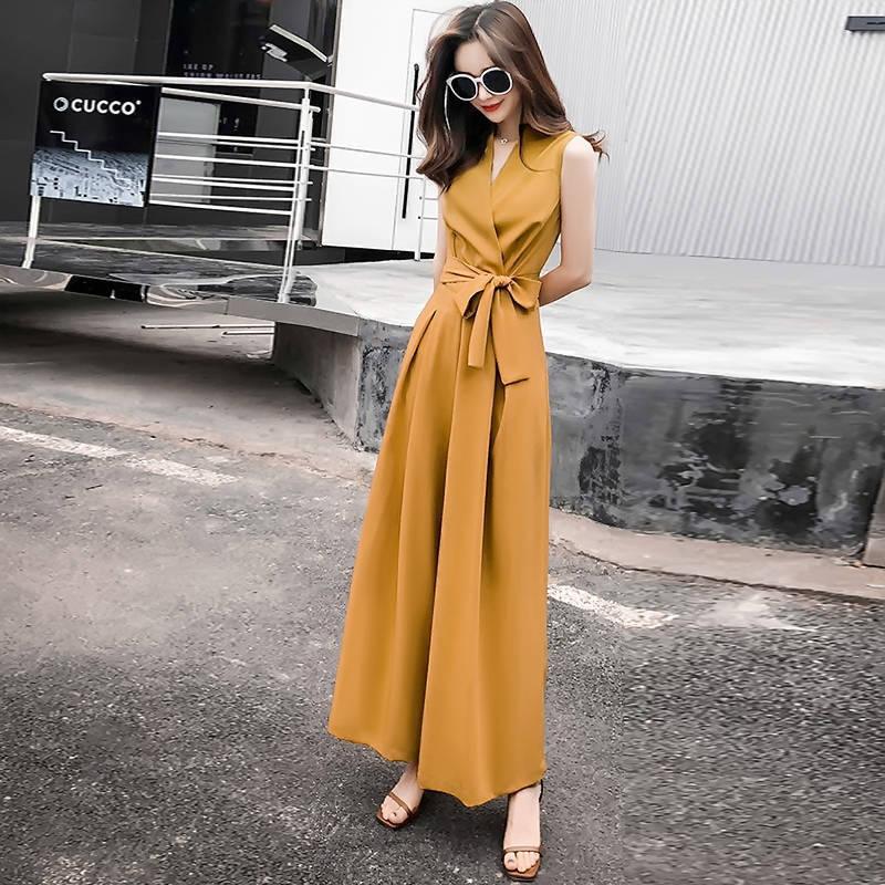 Student Korean Casual V-neck Slim Jumpsuit Wide-leg Pants Suit - Nioor