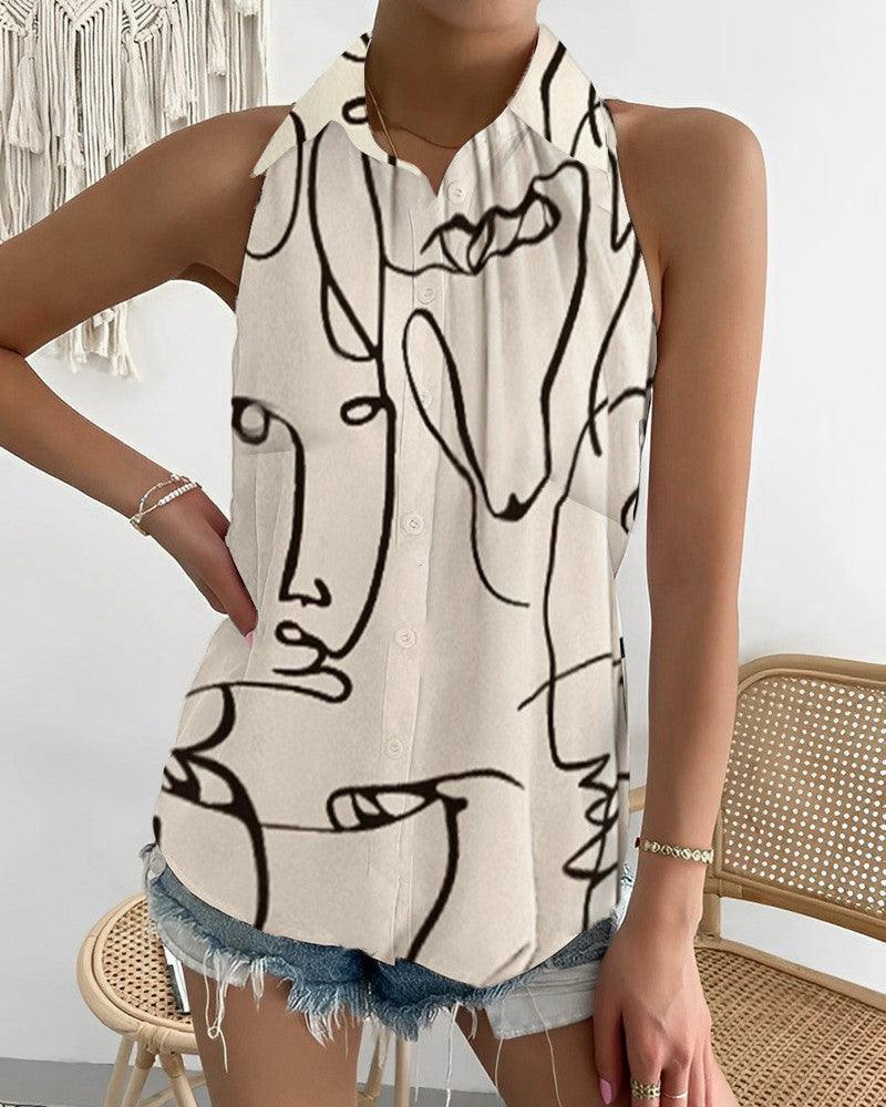 Summer Casual Fashion Shoulder-baring Sleeveless Abstract Printing Women's Shirt - Nioor