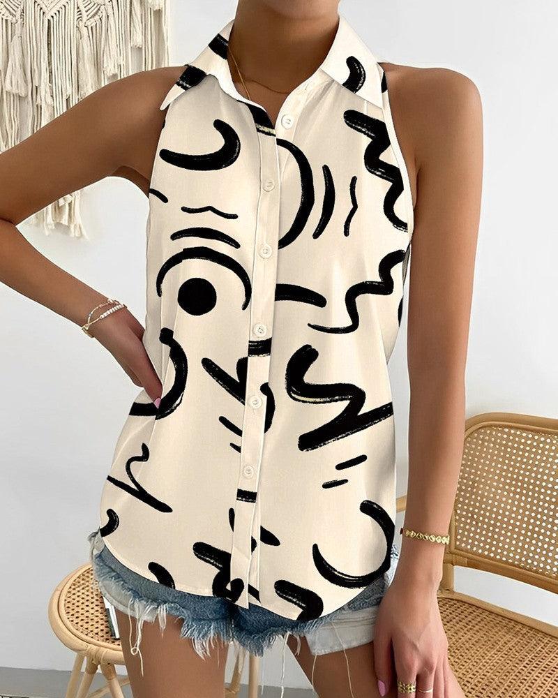 Summer Casual Fashion Shoulder-baring Sleeveless Abstract Printing Women's Shirt - Nioor