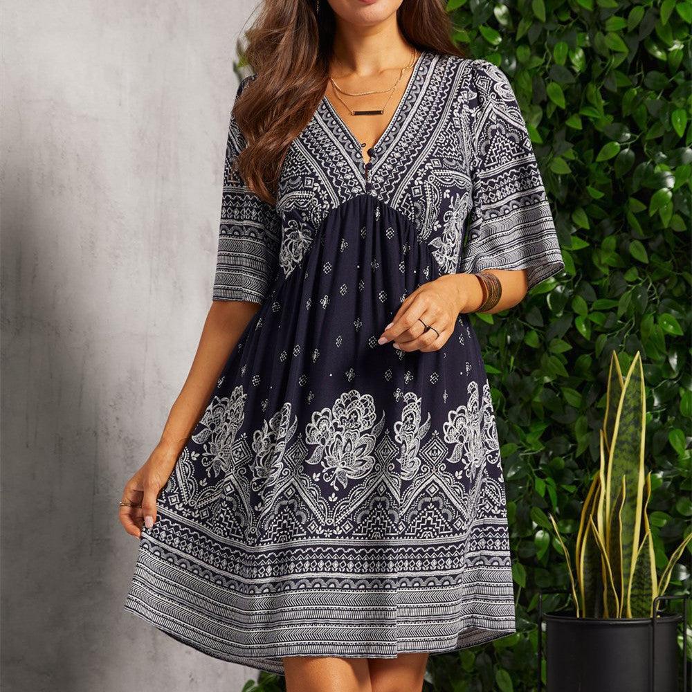 Summer Casual V-neck Printed Floral Holiday Bohemian Beach Dress - Nioor