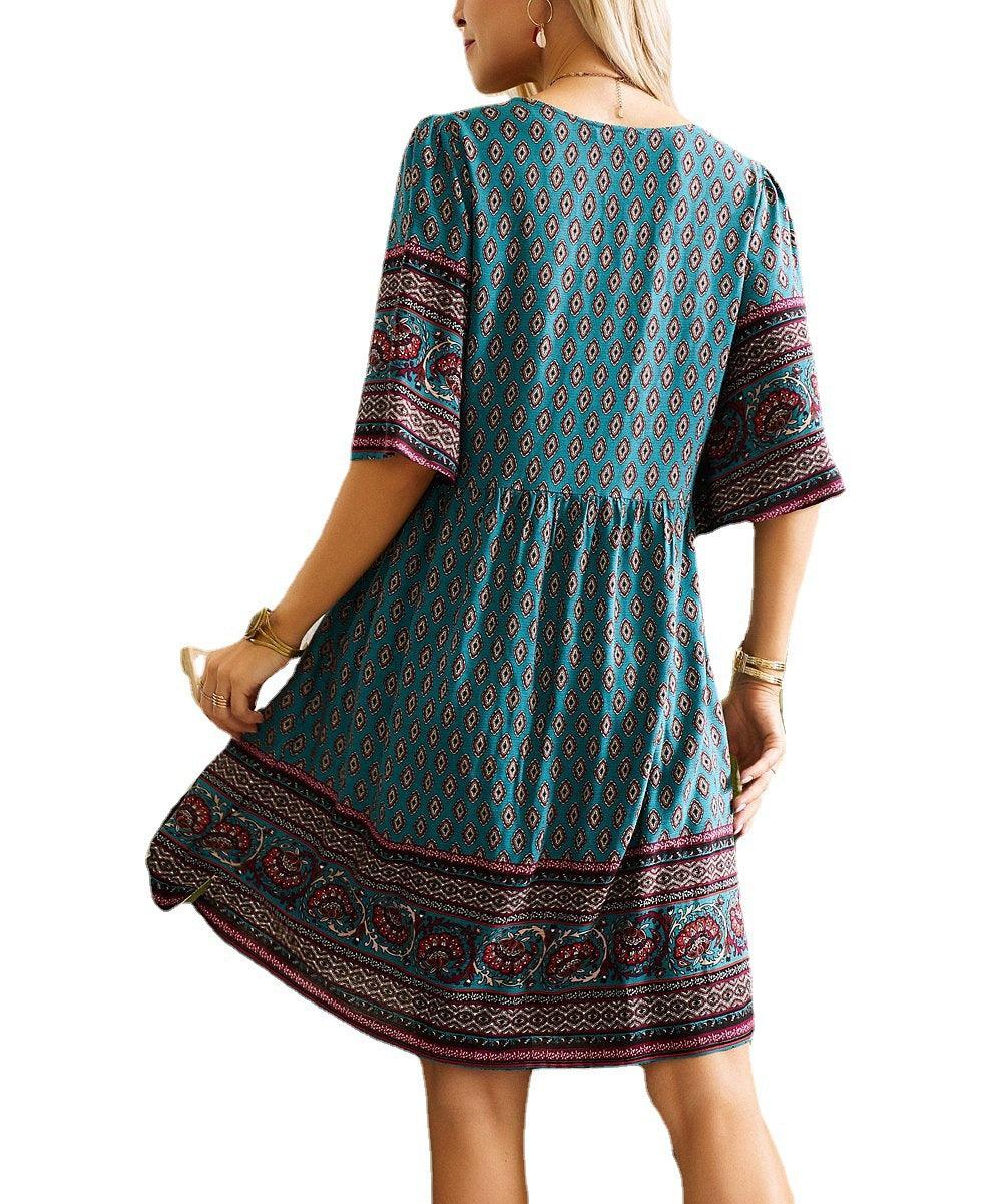 Summer Casual V-neck Printed Floral Holiday Bohemian Beach Dress - Nioor