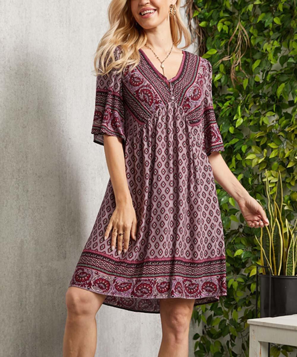 Summer Casual V-neck Printed Floral Holiday Bohemian Beach Dress - Nioor