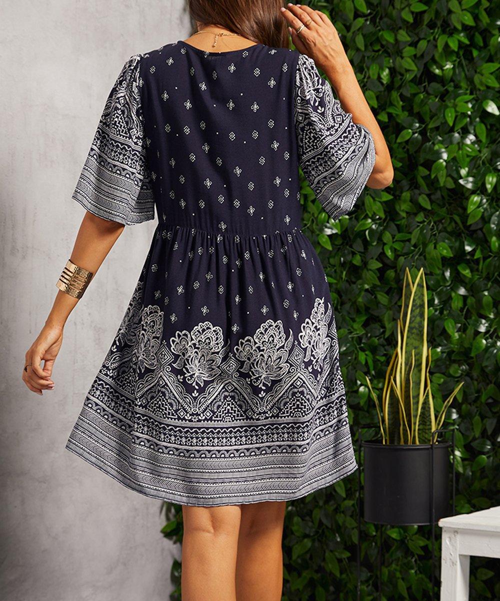 Summer Casual V-neck Printed Floral Holiday Bohemian Beach Dress - Nioor