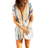 Summer Fashion New Women's Elastic Waist Striped Women's Print V-Neck Button Bodysuit - Nioor