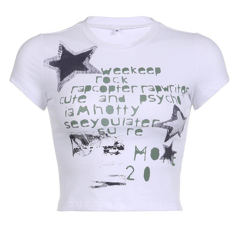 Summer Graffiti Letters Printed Simple Slim-fit Figure Flattering Short-sleeved Top For Women - Nioor