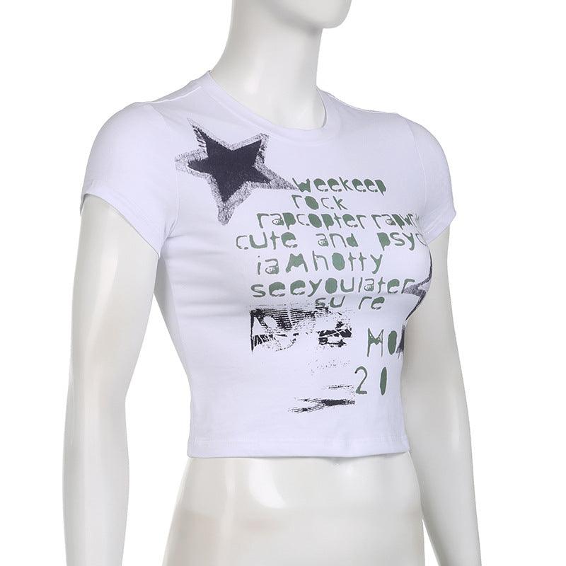 Summer Graffiti Letters Printed Simple Slim-fit Figure Flattering Short-sleeved Top For Women - Nioor