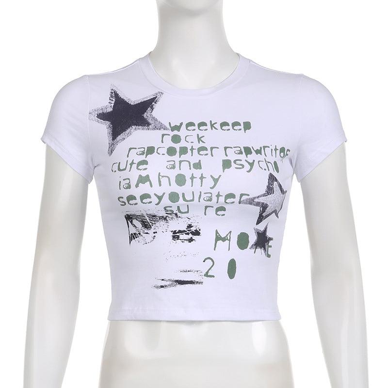 Summer Graffiti Letters Printed Simple Slim-fit Figure Flattering Short-sleeved Top For Women - Nioor